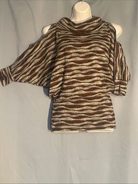 Striped Brown & Cream Off-the-Shoulder Sweater Top